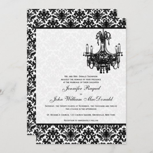 Schwarz-weiß Damask Candelier Weditation Einladung (Vorne/Hinten)