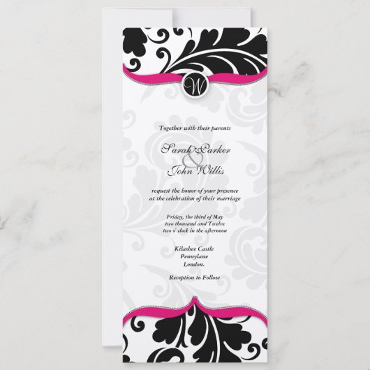 Schwarz-Weiß Damask Einladung mit rosa (Vorderseite)