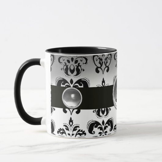SCHWARZ-WEISS DAMASK GEMSTONE MONOGRAMM TASSE (Links)