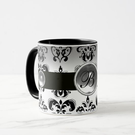 SCHWARZ-WEISS DAMASK GEMSTONE MONOGRAMM TASSE (Vorderseite Links)
