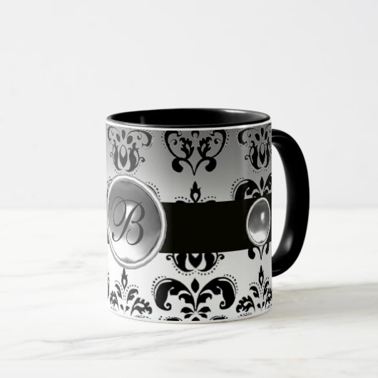 SCHWARZ-WEISS DAMASK GEMSTONE MONOGRAMM TASSE (VorderseiteRechts)