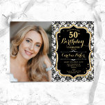 Schwarz-weiß Damask Gold Foto 50. Geburtstag Einladung<br><div class="desc">Elegante weibliche 50. Geburtstagseinladung mit Ihrem Foto. Glam Schwarz-weißes Design mit Imitaten Glitzer Gold. Enthält schwarz-weiße Damask-Muster,  Skript-Schriftart und Confetti. Ideal für ein stilvolles Party für Erwachsene. Personalisieren Sie Ihre persönlichen Daten. Kann für jedes Alter angepasst werden! Gedruckte Zazzle Einladungen oder Sofortdownload digitalen druckbaren Vorlage.</div>