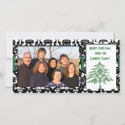 Schwarz & Weiß Damask Grüner Baum Frohe Weihnachte Feiertagskarte (Vorderseite)
