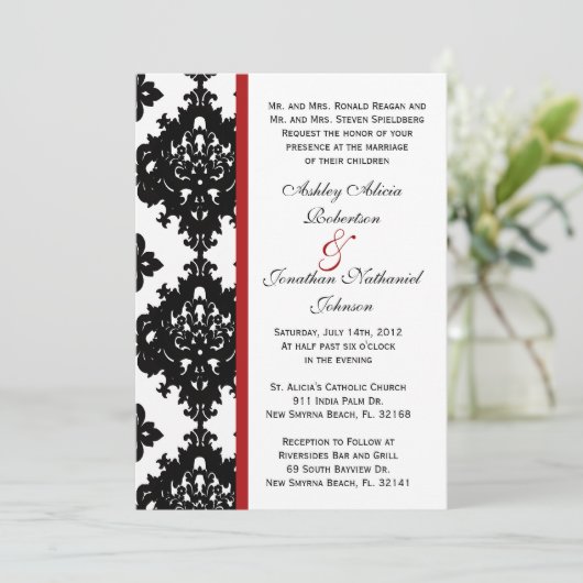 Schwarz-Weiß Damask Hochzeit einladen Einladung (Stehend Vorderseite)