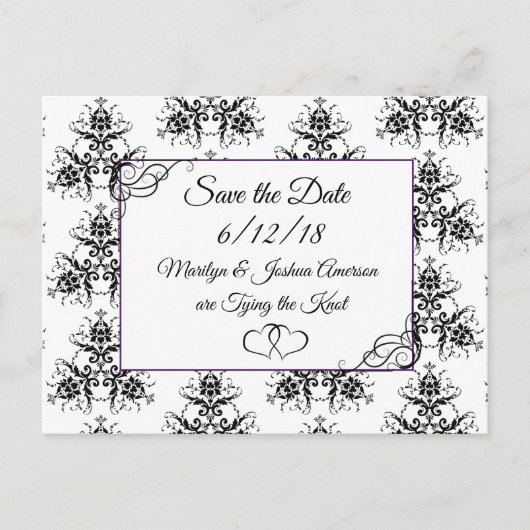 Schwarz-weiß Damask Hochzeit Save the Date Postkar Postkarte (Vorderseite)