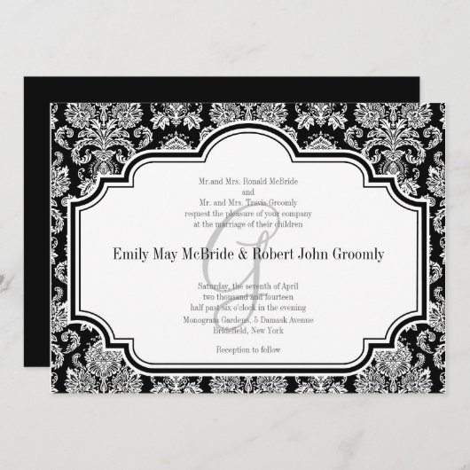 Schwarz-weiß Damask Hochzeitseinladungen Mit Monog Einladung (Vorne/Hinten)