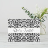 Schwarz-weiß Damask Lace Brocade Einladung (Stehend Vorderseite)