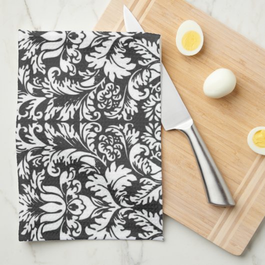 Schwarz-weiß Damask Lace Brocade Geschirrtuch (Viertel Falte)