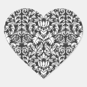 Schwarz-weiß Damask Lace Brocade Herz-Aufkleber