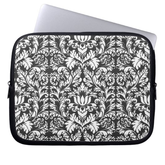 Schwarz-weiß Damask Lace Brocade Laptopschutzhülle (Vorderseite)