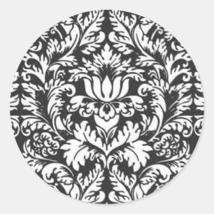 Schwarz-weiß Damask Lace Brocade Runder Aufkleber