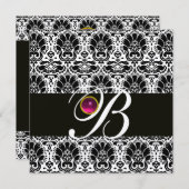 SCHWARZ-WEISS DAMASK MONOGRAM Pink Fuchsia Amethys Einladung (Vorne/Hinten)
