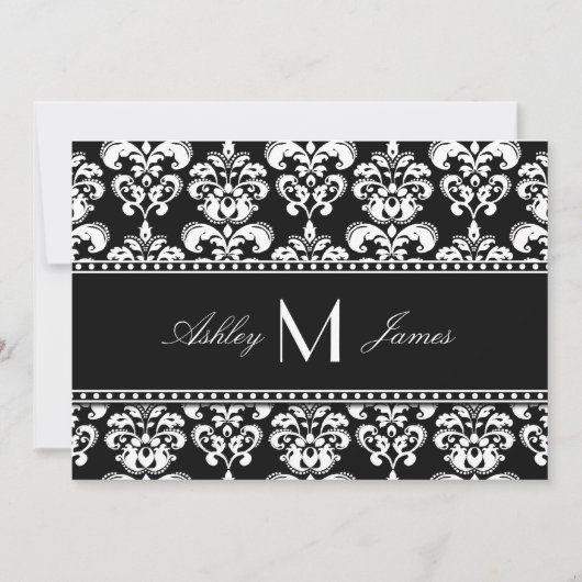 Schwarz-weiß Damask Monogram Wedding Save the Date (Vorderseite)