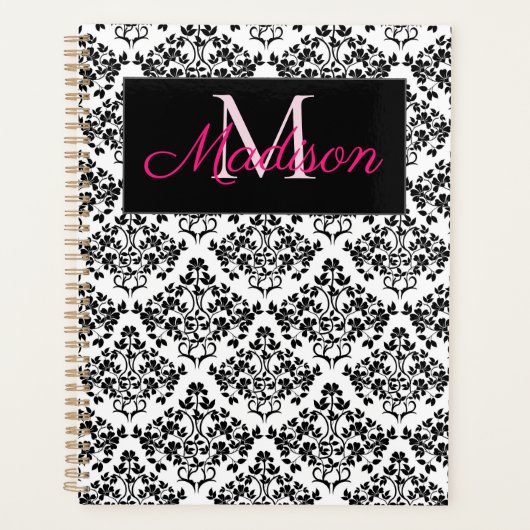 Schwarz-weiß Damask Niedlich Girly Trendy Monogram Planer (Vorderseite)