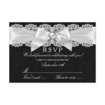 Schwarz-Weiß-Damask & Perlen-Schleife RSVP
