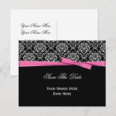 Schwarz-weiß Damask Pink Bow Ribbon Save the Date Ankündigungspostkarte (Vorne/Hinten)
