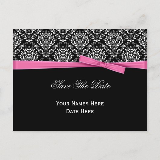 Schwarz-weiß Damask Pink Bow Ribbon Save the Date Ankündigungspostkarte (Vorderseite)