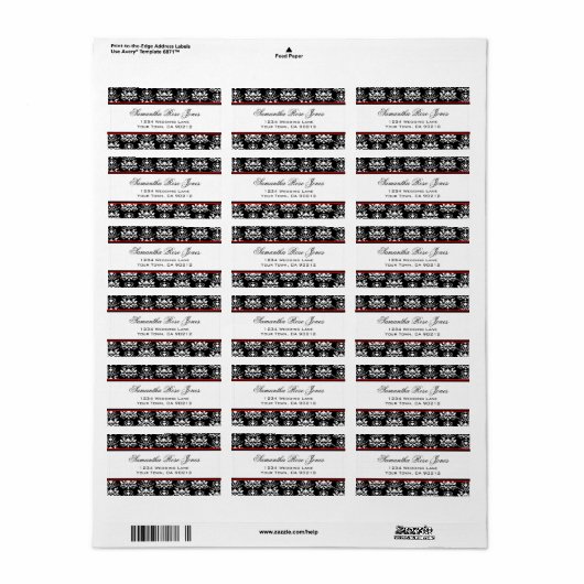 Schwarz-Weiß Damask Red Accent Elegante Adresse Adressaufkleber (Vorne)