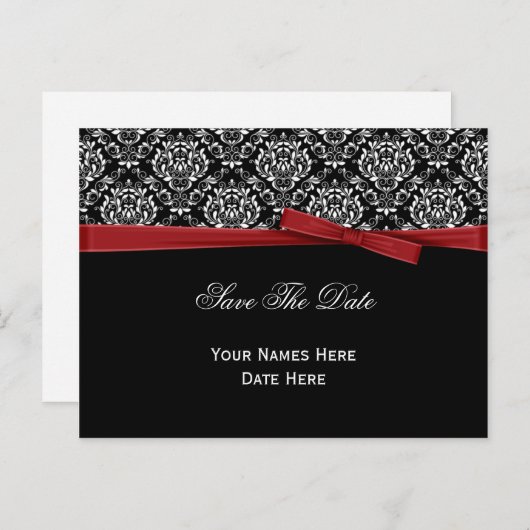 Schwarz-weiß Damask Red Bow Ribbon Save the Date Ankündigungspostkarte (Vorne/Hinten)