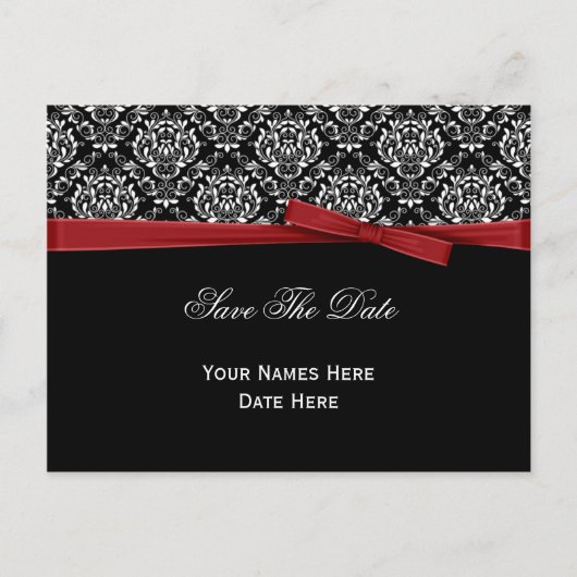 Schwarz-weiß Damask Red Bow Ribbon Save the Date Ankündigungspostkarte (Vorderseite)