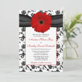 Schwarz-weiß Damask Red Daisy Wedding Einladung (Stehend Vorderseite)