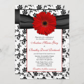 Schwarz-weiß Damask Red Daisy Wedding Einladung (Vorne/Hinten)