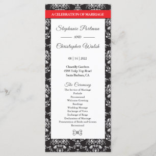 Schwarz-weiß Damask Red Ribbon Wedding Program Programm