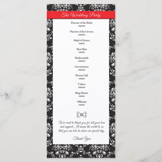 Schwarz-weiß Damask Red Ribbon Wedding Program Programm (Rückseite)