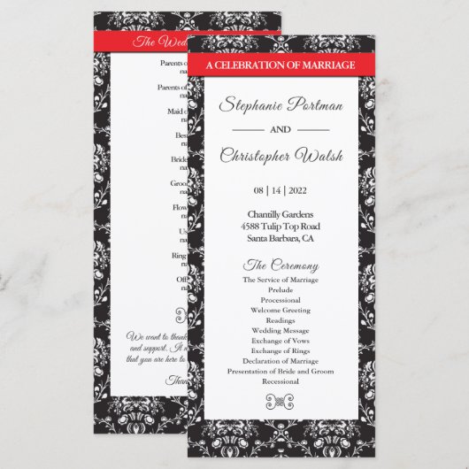 Schwarz-weiß Damask Red Ribbon Wedding Program Programm (Vorne/Hinten)