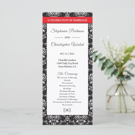Schwarz-weiß Damask Red Ribbon Wedding Program Programm (Stehend Vorderseite)