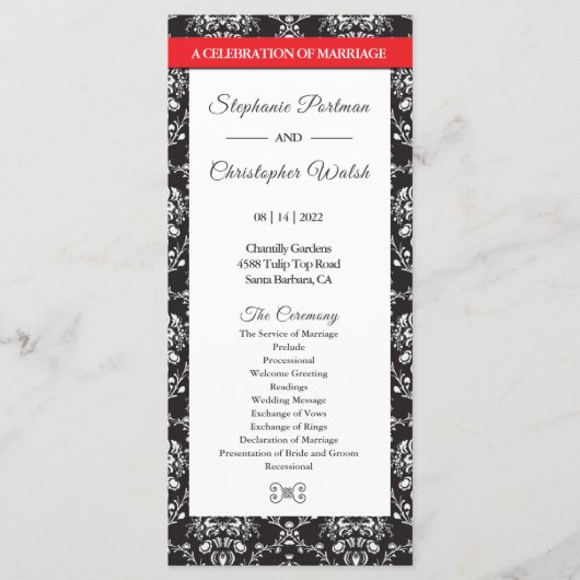 Schwarz-weiß Damask Red Ribbon Wedding Program Programm (Vorderseite)