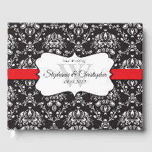 Schwarz-weiß Damask Red Stripe Wedding Gästebuch