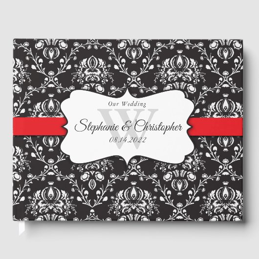 Schwarz-weiß Damask Red Stripe Wedding Gästebuch (Vorderseite)