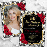 Schwarz-weiß Damask Rote Rosen Foto 50. Geburtstag Einladung<br><div class="desc">Elegante florale feminine 50. Geburtstagseinladung mit Ihrem Foto auf der Kartenrückseite. Glam Schwarz-weiß rotes Design mit Imitaten Glitzer Gold. Enthält schwarz-weiße Damasketmuster, rote Rosen, Skript-Schriftart und Konfetti. Ideal für ein stilvolles Party für Erwachsene. Personalisieren Sie Ihre persönlichen Daten. Kann für jedes Alter angepasst werden! Gedruckte Zazzle Einladungen oder Sofortdownload digitalen...</div>