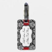 Schwarz/Weiß Damask Rotes Band Gepäckanhänger (Rückseite vertikal)