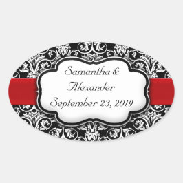 Schwarz/Weiß Damask Rotes Band Ovaler Aufkleber
