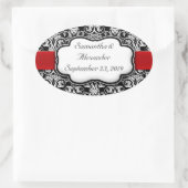 Schwarz/Weiß Damask Rotes Band Ovaler Aufkleber (Tasche)