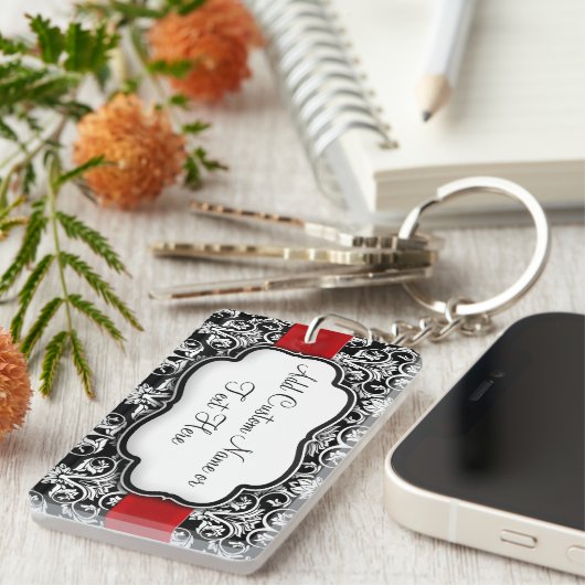 Schwarz/Weiß Damask Rotes Band Schlüsselanhänger (Vorderseite rechts)