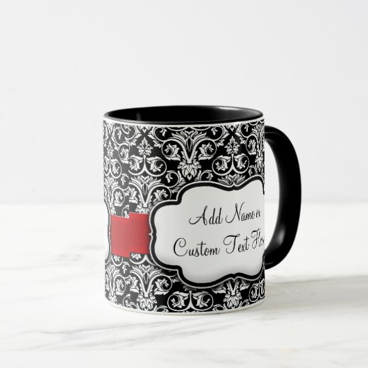 Schwarz/Weiß Damask Rotes Band Tasse (VorderseiteRechts)