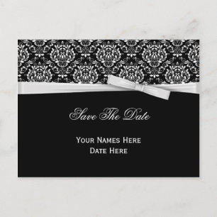 Schwarz-weiß Damask Silver Bow Ribbon Save the Dat Ankündigungspostkarte