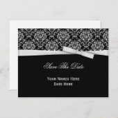 Schwarz-weiß Damask Silver Bow Ribbon Save the Dat Ankündigungspostkarte (Vorne/Hinten)