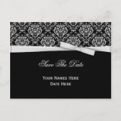 Schwarz-weiß Damask Silver Bow Ribbon Save the Dat Ankündigungspostkarte (Vorderseite)