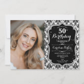 Schwarz-weiß Damask Silver Foto 50. Geburtstag Einladung (Vorderseite)