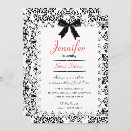 Schwarz-Weiß Damask Sweet 16 12x18 Einladung (Vorne/Hinten)