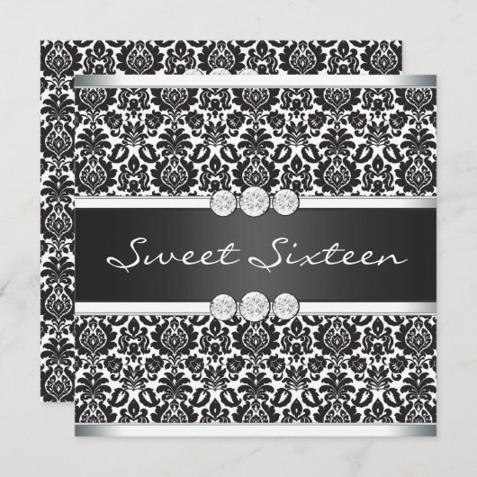 Schwarz-weiß Damask Sweet 16 Party Einladung (Vorne/Hinten)