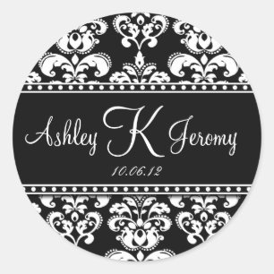Schwarz-weiß Damask Wedding Favor Labels Runder Aufkleber
