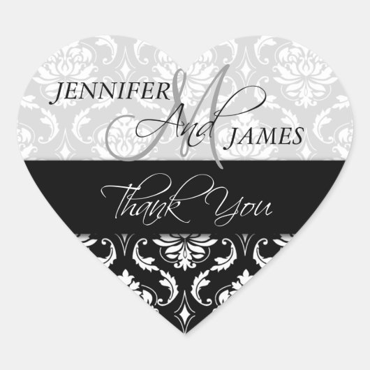 Schwarz-weiß Damask Wedding Gefallen Heart Sticker (Vorderseite)