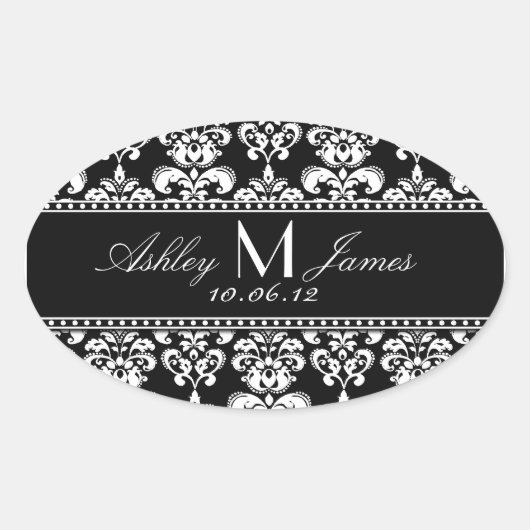 Schwarz-weiß Damask Wedding Wine Label Ovaler Aufkleber (Vorderseite)