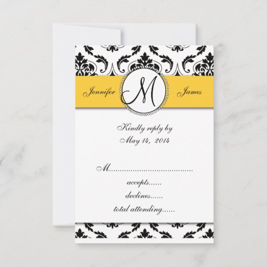 Schwarz-weiß Damask Yellow Wedding RSVP (Rückseite)
