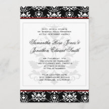Schwarz-Weiß Damaske Roter Akzent Einladung Hochze